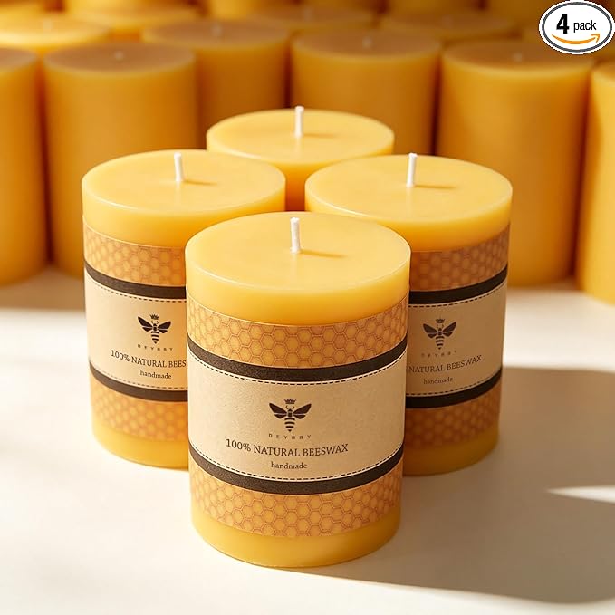 DEYBBY 3x4 inch Natural Beeswax Pillar Candle Set of 4 for Women Gift, Smokeless Dripless Pure Organic Beeswax Candles with Natural Scent for Blackout Home Decoration Bath Relaxation（Yellow）