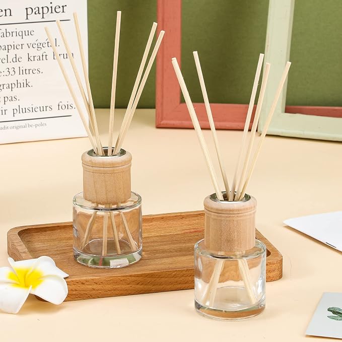 Roshtia 2 Set Reed Diffuser Bottle Empty Refillable Fragrance Glass Diffuser Bottles Set with Wooden Caps Sticks 50ml 1.7 oz Round Glass Jars for DIY Fragrance