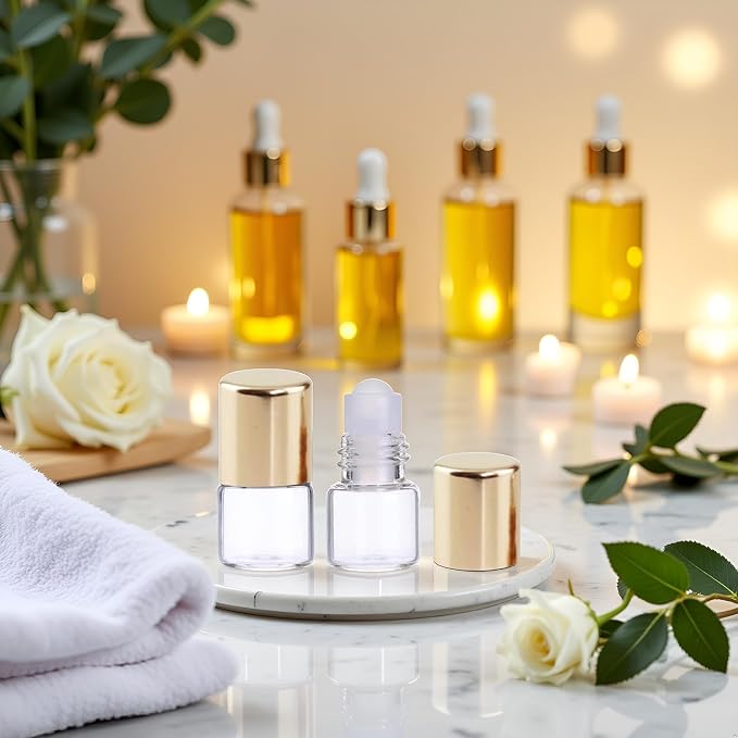 12Pcs Gold 1ml Glass Roller Bottles - Refillable Essential Oil Roll-On for Aromatherapy | Mini Travel-Size Sample Vials with Roller Balls,Aromatherapy Supplies, Essential Oil Accessories