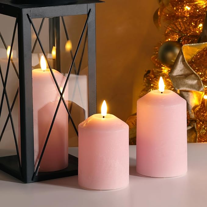 Pink Flameless Pillar Candles with Remote, Real Wax LED Candles Battery Powered Flickering Set of 3