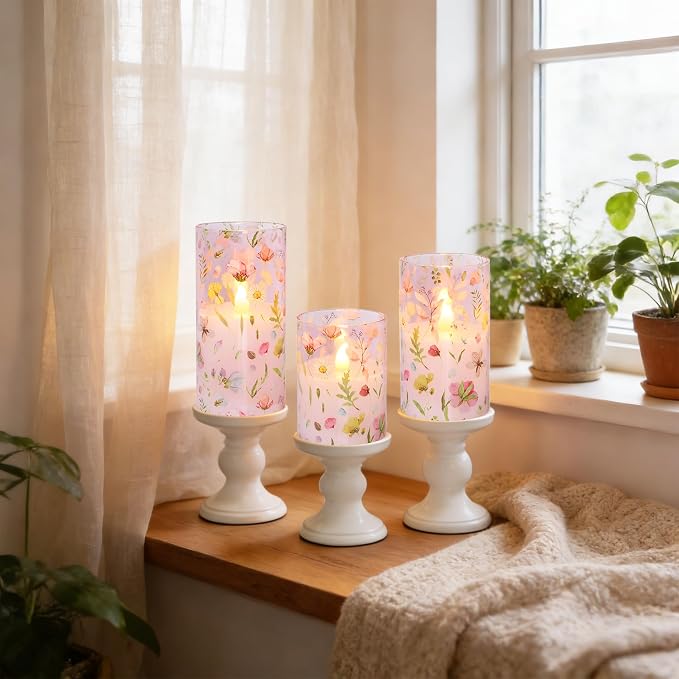 Pink Flameless Candles with Remote Timer, Glass Battery Operated Candles, Pink Flower Decals LED Candles for Home Party Wedding Mother's Day Thanksgiving Decor Set of 3