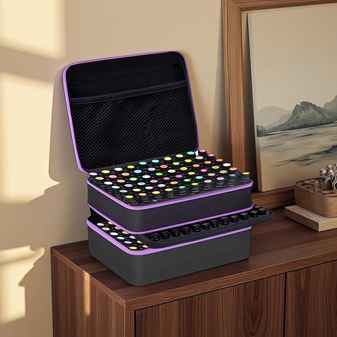 204 Slots Essential Oil Organizer Case, Hard Shell Storage Box for 1ml-15ml Bottles, Extra Large Double Layer Portable Travel Bag for Aromatherapy Vials & Peptides, Black with Purple