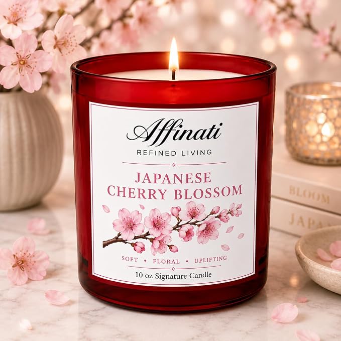 Affinati Japanese Cherry Blossom Signature Candle - 10 oz Luxury Soy Blend Wax Candle, Long-Lasting Home Fragrance
