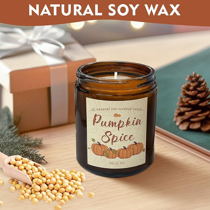 Pumpkin Spice Soy Wax Candle, Fall Seasonal Decor, 50+ Hours Burn Time, Halloween & Thanksgiving Gift, Eco-Friendly