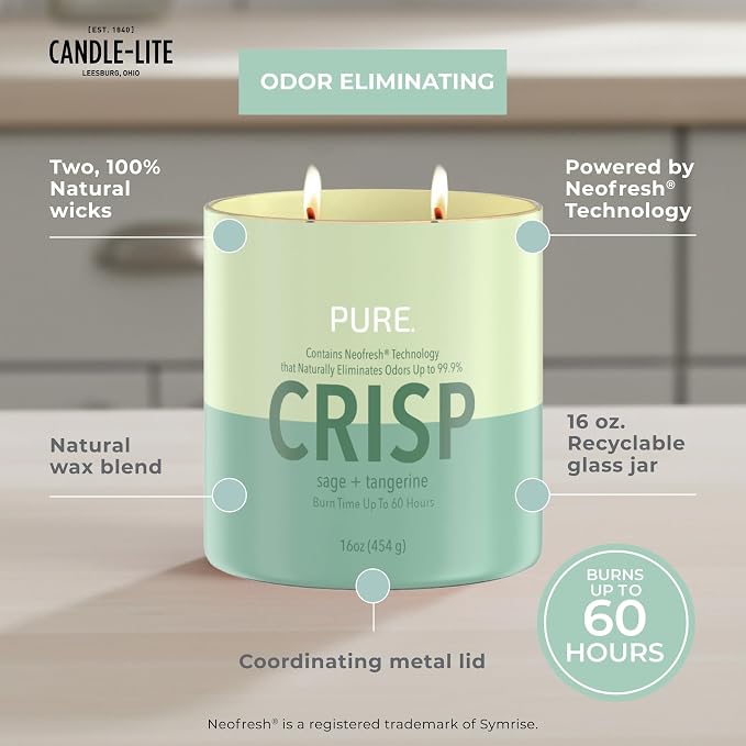 Candle-Lite Pure Sage & Tangerine Odor Eliminating Scented Candles, Neofresh Technology Eliminates 99.9% of Odors, 16 oz 2-Wick Jar, Proudly Poured in The USA, Up to 60 Hours Burn Time