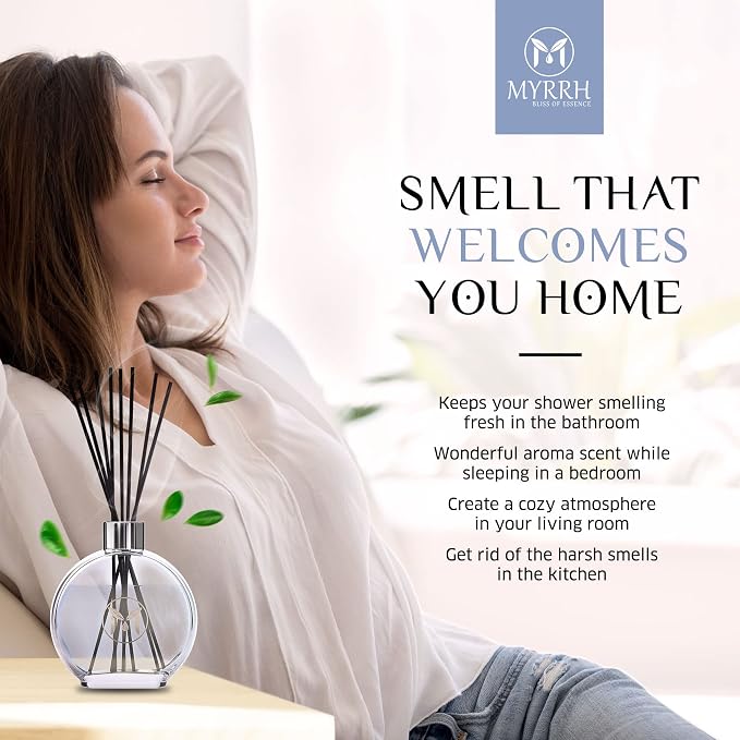 Fresh Linen Scented Reed Diffuser Set with 8 Rattan Diffuser Sticks,150 ml, All Natural Air Freshener, Long-Lasting Diffusers at Home - MyrrhUSA