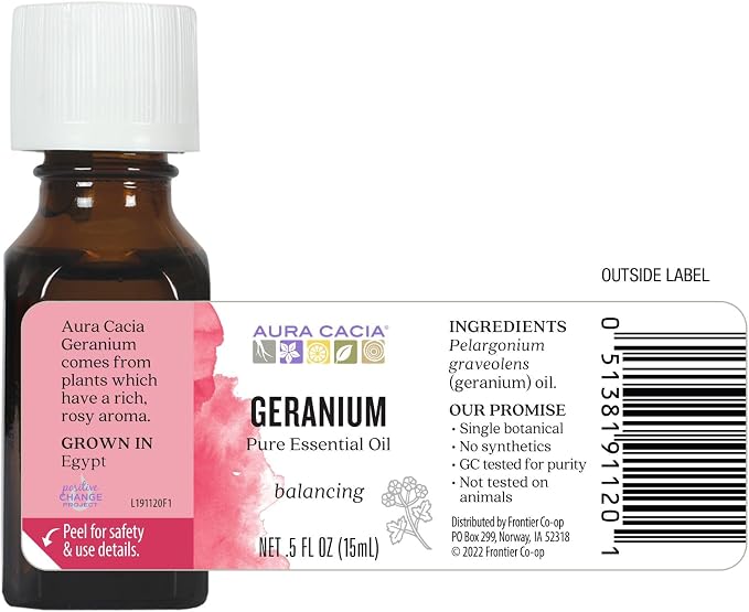 Aura Cacia 100% Pure Geranium Essential Oil | GC/MS Tested for Purity | 15 ml (0.5 fl. oz.) | Pelargonium graveolens
