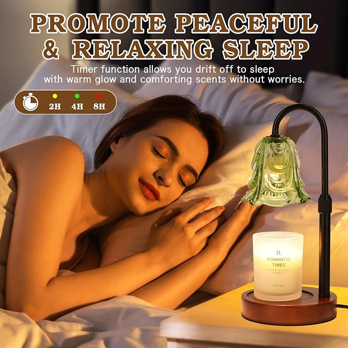 Small Candle Warmer Lamp with Timer, Adjustable Green Lamp Warmer for Jar Candles, Unique Women Gifts for Birthday, Dimmable Candle Heater, Mothers Day Gifts, Cute Wax Warming Light with Wood Base