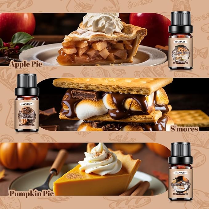 Bakery Essential Oils Set, Premium Fragrance Oil for Diffusers, Scented Oils for Soap & Candle Making, Pumpkin Pie, Apple Pie, S'Mores, Red Velvet Cake, Strawberry Shortcake,Glazed Donut