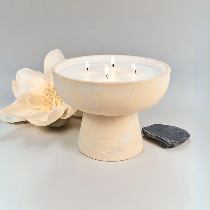 Blueme Balance Candle | White Lotus & Tea | 4 Wick - Refillable Wellness Candle with Essential Oils, Hand Finished & Poured Soy Wax Blend Ceramic Vessel, Natural Cotton Wicks | Large 24 oz