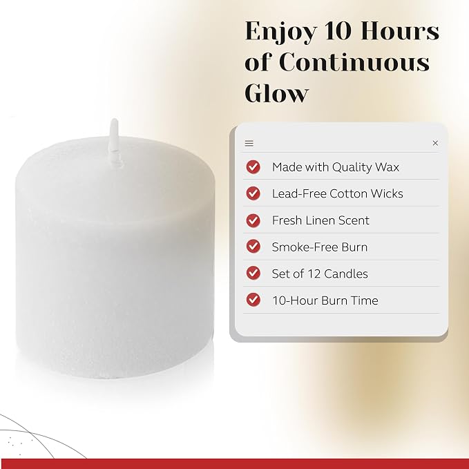 Fresh Linen Scented Votive Candles, Set of 12-1.25" Wax Candles for Home, Scented 10 Hour Burn Time - Aromatherapy, Spa Ambiance, Table Centerpieces & Home Décor