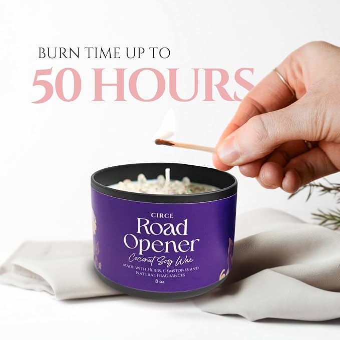 Circe Spell Candle “Road Opener” Coconut Soy Wax Candle Jar – Premium Hand Poured & Long Burning – Herbs, Crystals & Natural Fragrance Oils -Clear Blockages & Amplify Intentions - Self Care, Gift- 8oz