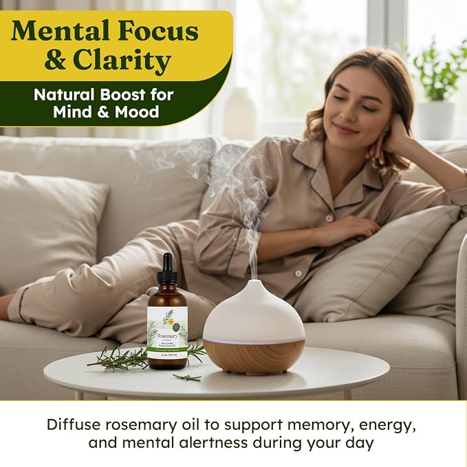 Steam Distilled Rosemary Essential Oil - Premium Hair Growth Oil for Scalp Stimulation & Refreshing Aroma - Essential Oil Supports Healthy Hair, Skin & Mental Clarity - 4oz