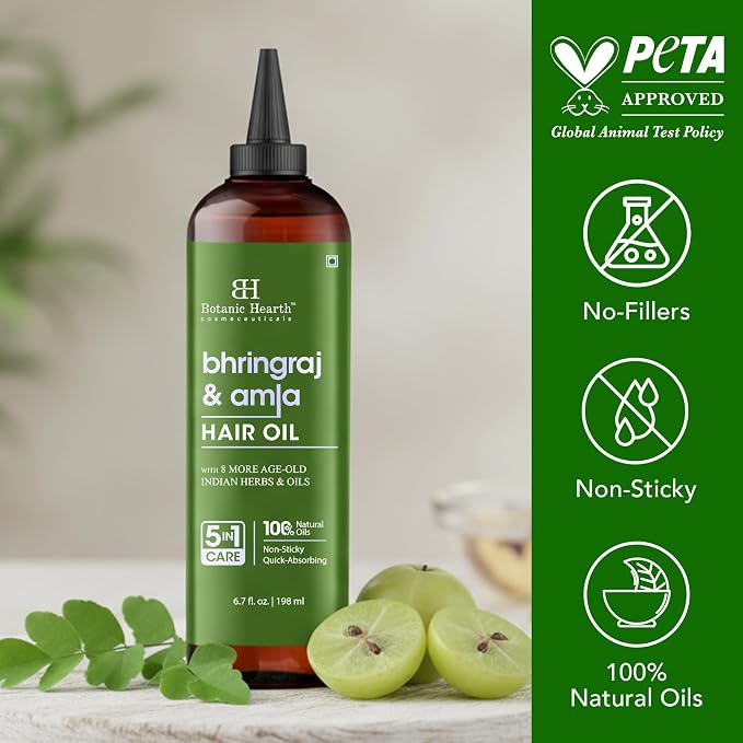 Botanic Hearth Bhringraj & Amla Hair Oil | Nourishing Scalp & Hair Oil for Dry, Frizzy Hair | Supports Fuller-Looking Hair & Shine | Lightweight Botanical Formula | No Harsh Additives | 6.7 fl oz