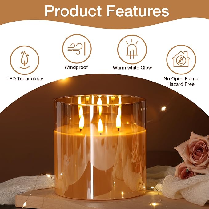 Eywamage 3 Wick Gold Glass Flameless Candle with Remote, Large Flickering LED Battery Pillar Candle Φ 6" H 6"