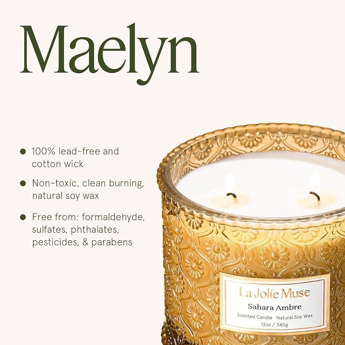 LA JOLIE MUSE Sahara Amber Scented Candles for Home, Natural Soy Wax 2-Wick | Large Jar Luxury Candle, Clean Non Toxic, Gift for Women & Men, Decorative Candles, Pretty Candle, Bergamot, Musk & Patchouli