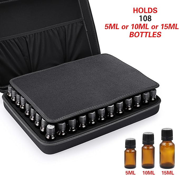 Hipiwe 108 Essential Oils Carrying Case Holds 5ml, 10ml, 15ml Bottles Hard Shell Exterior EVA Essential Oils Storage Organzier Bag with Foam Insert and Carrying Handle