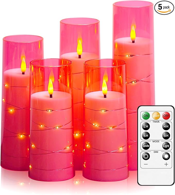 kakoya Flameless LED Candles with Timer 5 Pc Flickering Flameless Candles for Romantic Ambiance and Home Decoration Stable Acrylic Shell,with Embedded Star String，Battery Operated Candles(Pink)