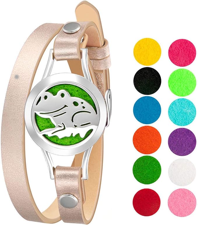 Wild Essentials Happy Frog Essential Oil Bracelet Diffuser, Leather Wrap Band, Stainless Steel Locket Pendant, 12 Color Refill Pads, Customizable Color Changing Perfume Jewelry for Aromatherapy