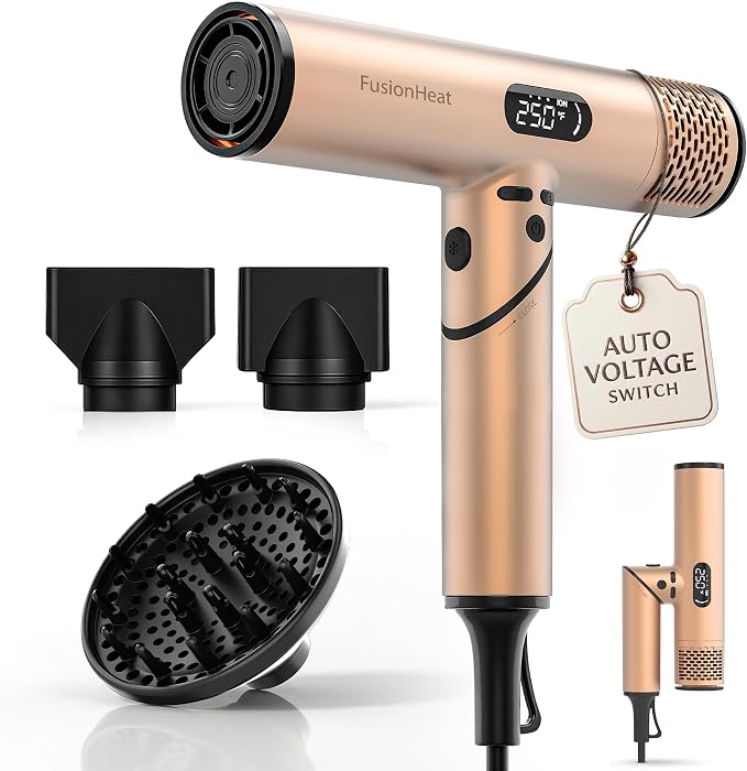 Dual Voltage Travel Hair Dryer with Diffuser, Compact Mini Blow Dryer for Curly Hair, Ionic Foldable Hair Dryer for Women, Magnetic Attachments, Lightweight Low Noise, 110V-240V European