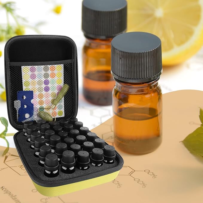 LUEXBOX Essential Oil Storage Case/Essential Oil Carrying Case/Essential Oil Case [Multiple Sizes] + Jade Roller for Face & Oil Opener & Stickers & Funnel & Transfer Pipette (yellow)