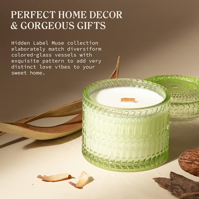 Hidden Label Sage & Citrus Wood Wick Candle, 7.4oz, 55 Hous Burn | Crackling Cherry Wood Wick | 55H Clean Burn | Kitchen & Hostess Gift | Non-Toxic Soy Wax | Green Frosted Decor Jar