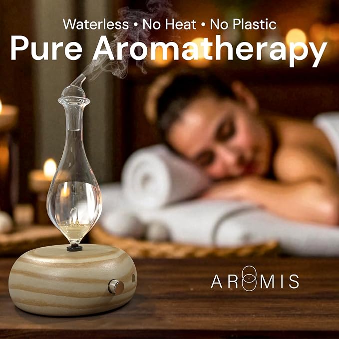 ArOmis Premium Glass Essential Oils Nebulizer - Waterless Diffuser for Aromatherapy - Handmade Oil Diffuser, Wooden Base, No Plastic, No Heat, No Battery, No LEDs - Orbis Lux Merus