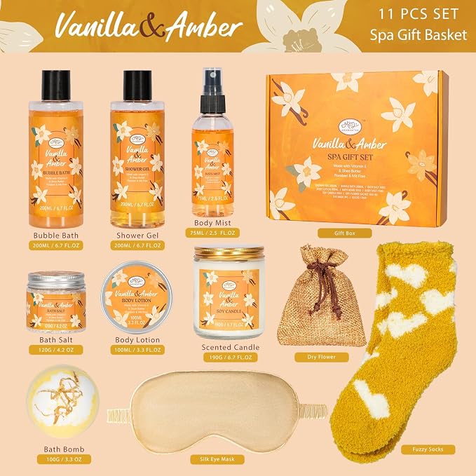 Bath Gift Set for Self Care, 11pcs Luxury Spa Gift Baskets for Women, Home Spa Essential W/ Bubble Bath, Body Lotion, Vanilla Amber Scented Candle, Birthday Gifts for Women, Mothers Day Gifts