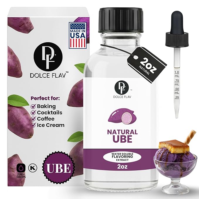 Dolce Flav Natural Ube Extract – Clear Dye-Free Concentrated Flavoring for Baking, Beverages & Candy Making – Water Soluble Liquid Flavor Drops – Professional Strength Food Grade Flavoring – 2 Fl Oz
