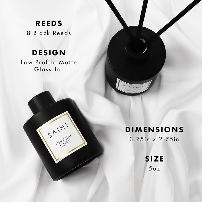 SAINT Reed Diffuser Set with Scent Diffuser Sticks, 5oz, Turkish Rose | Long-Lasting Oil Diffuser in Matte Black Glass Jar, Aroma Diffuser for Home, Bedroom, or Bathroom