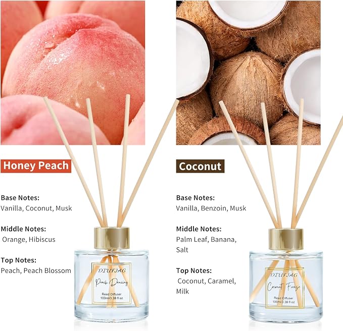 200ml Scent Diffuser with 6 Fiber Sticks, 6.76 oz Reed Diffuser Set Aromatherapy Fragrance Diffusers Air Fresheners for Home Bedroom Bathroom (Coconut Peach)
