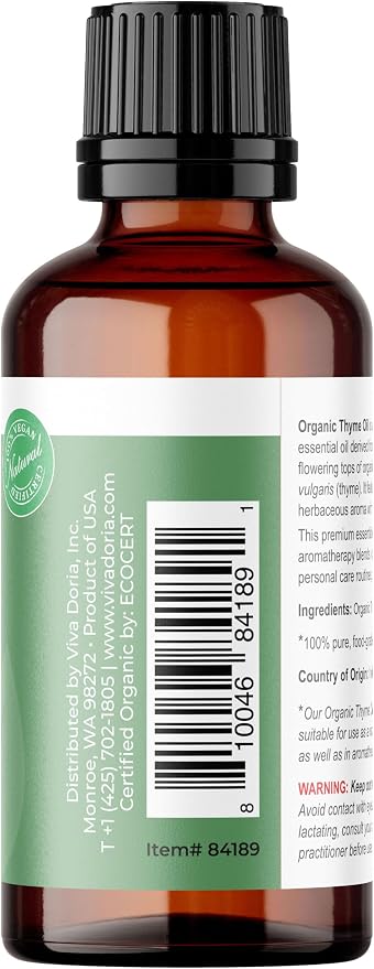 Viva Doria Thyme Essential Oil, USDA Certified, Organic Thyme Oil, 100% Pure, Natural Essential Oil, Undiluted, for Aromatherapy | Food Grade, 30 mL (1 Fluid Ounce)