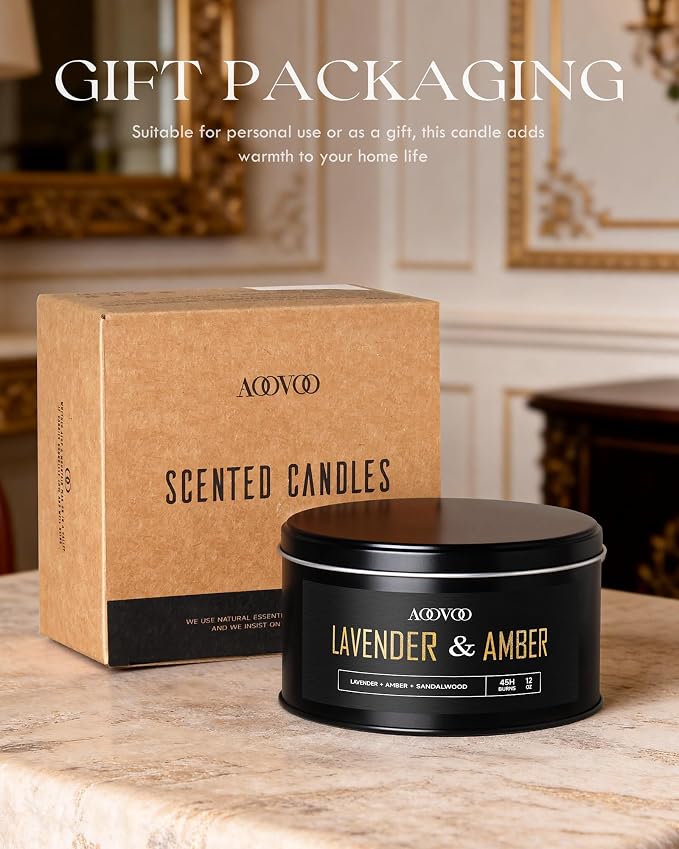 AOOVOO Lavender Amber Candles for Men - 3 Wick 12oz Large Scented Candle, Long Lasting Soy Candles for Home Scented, Strong Fragranced Masculine Black Candle Gift for Women & Men