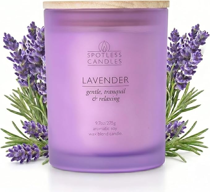 Lavender Candle; 9.7 oz:, 55 Hrs Burn Time, Soy Wax Purple Frosted Jar with Crackling Wooden Wick & Luxury Gift Box: Lavender Scented Candle by Spotless Candles
