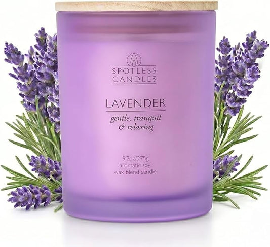 Lavender Candle; 9.7 oz:, 55 Hrs Burn Time, Soy Wax Purple Frosted Jar with Crackling Wooden Wick & Luxury Gift Box: Lavender Scented Candle by Spotless Candles