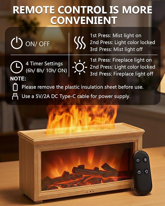 Essential Oil Diffuser, 7-Color Fireplace Fire Flame Aromatherapy Humidifier, 280ml Ultrasonic Aroma Diffuser, Cozy with Time Sets and Remote Control for Bedroom Home Yoga Office