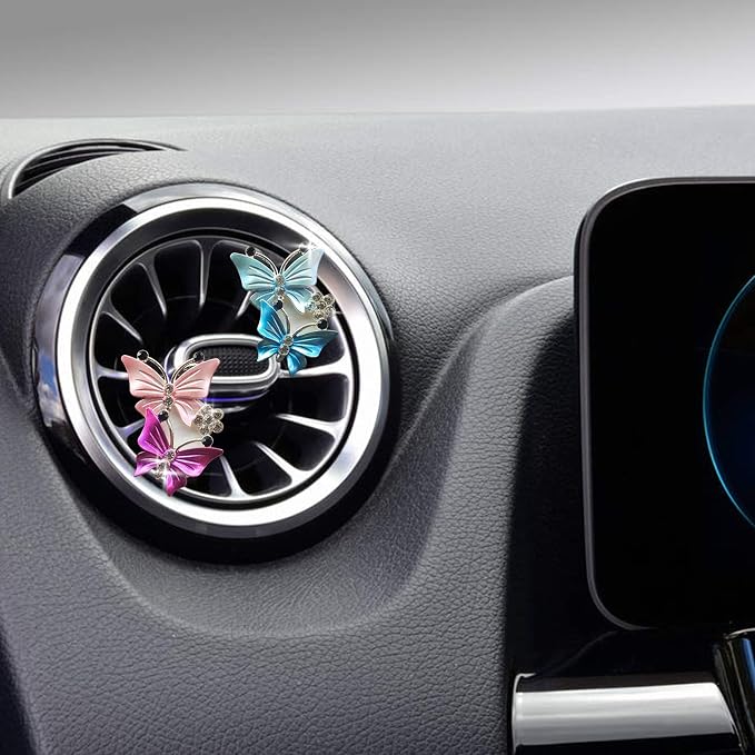 Bling Butterfly Car Air Vent Clip, Cute Rhinestone Air Freshener Clip, Glam SUV Outlet Vent Decorations, Charm Car Inter Decor Accessories for Girls Women (2Pink + 2Blue)