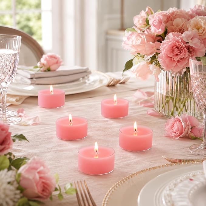 Dusty Pink Tea Lights Set of 24, Rose Scented Tealight Candles, Handmade Tea Candles, Long Burning Tealights for Romantic Wedding Home Decor Gift