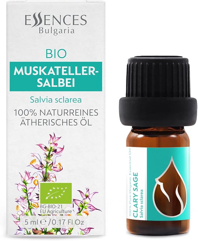 Essences Bulgaria Organic Clary Sage Essential Oil 1/6 Fl Oz | 5ml | Salvia sclarea | 100% Pure and Natural | Undiluted | Therapeutic Grade | Family Owned Farm | Steam-Distilled | Non-GMO | Vegan