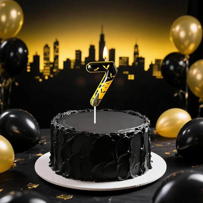 Black Yellow Number 7 Birthday Candle for Cake – Dark Night Hero Style with Bat & City Silhouette Design – Unique Cake Topper for Birthday, Anniversary, Themed Party Decoration
