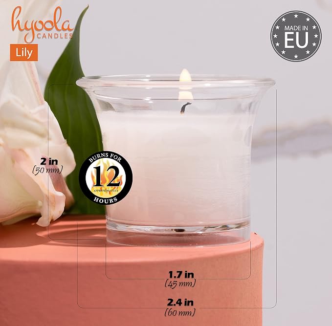 HYOOLA Clear Cup Scented Votive Candles - Lily - 12 Hour Burn Time - 4 Pack - European Made