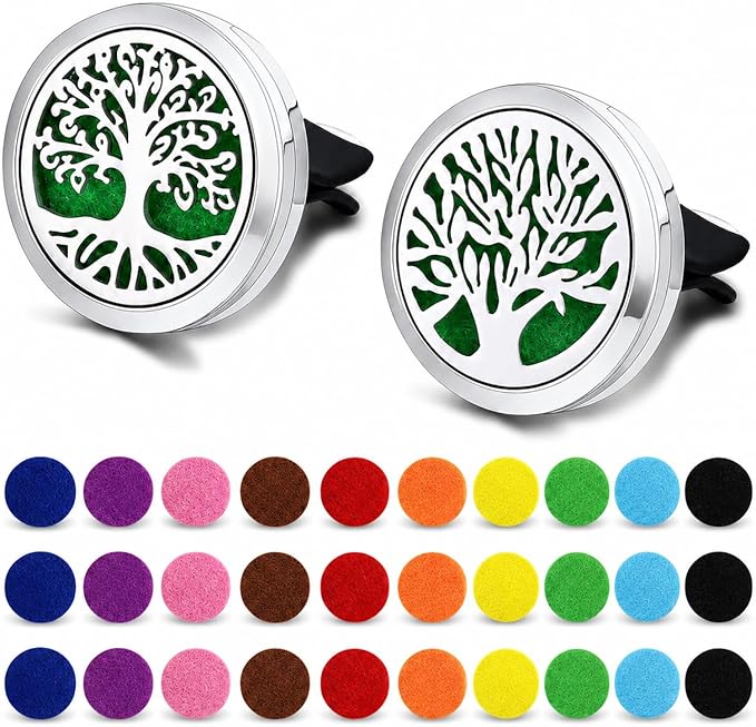 2PCS 30mm Car Aromatherapy Essential Oil Diffuser Stainless Steel Locket with Vent Clip 30 Felt Pads Tree of Life Pattern (Silverly)