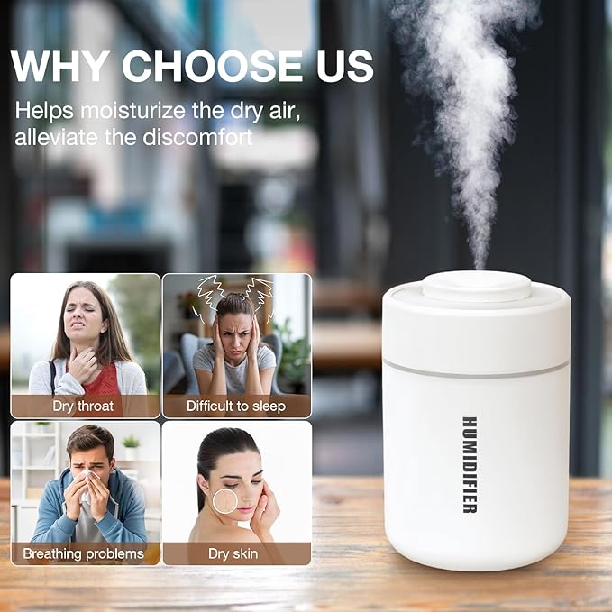 Small Mini Humidifier, USB Desk Cool Mist Humidifier Personal Portable Quiet Table Desktop Humidifiers for Cooling Home Office Car Summer Travel (180ml, White Grey)