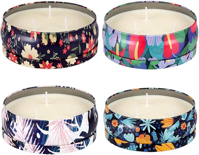 Tropical Printed Citronella Candles, Set of 4 x 13.5 oz Large Scented Candles with Natural Cotton Wicks - Made with Natural Soy Wax, for Home, Patio, Garden, Camping or as a Summer Housewarming Gift