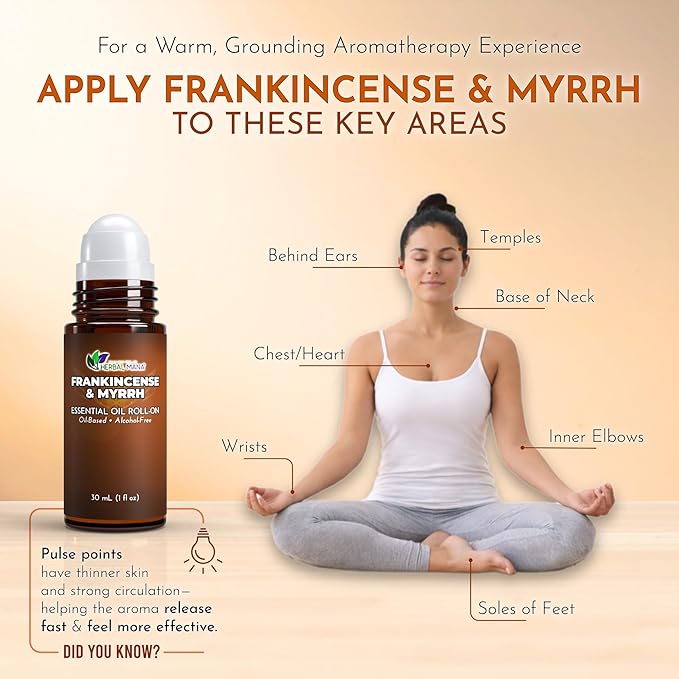 Frankincense & Myrrh Essential Oil Roll-On, 30 mL (1 fl oz) – Pre-Diluted Aromatherapy Rollerball in Fractionated Coconut Oil (FCO) – Alcohol-Free Pulse Point Oil Roller