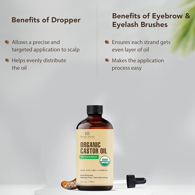Botanic Hearth Castor Oil & Hair Treatment Oils 4 Fl oz| 100% Pure & Natural, Cold Pressed |For Hair, Eyelashes & Eyebrows | Hexane Free, Fast Absorbing | With Applicators & Dropper | All Hair Types