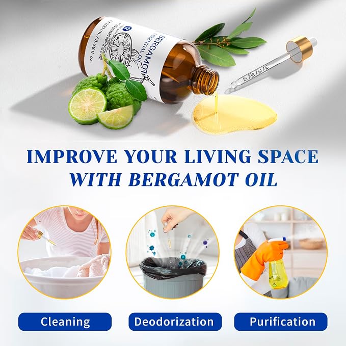 HIQILI Bergamot Essential Oil for Diffuser, Skin, Hair, DIY - 3.38 Fl Oz (100 mL)