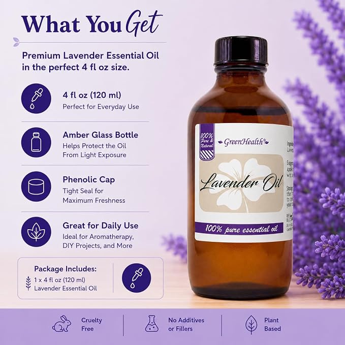 GreenHealth Lavender Essential Oil – 4 fl oz – Amber Glass Bottle - Therapeutic Grade, Premium Quality for Aromatherapy, Relaxation & Home Use