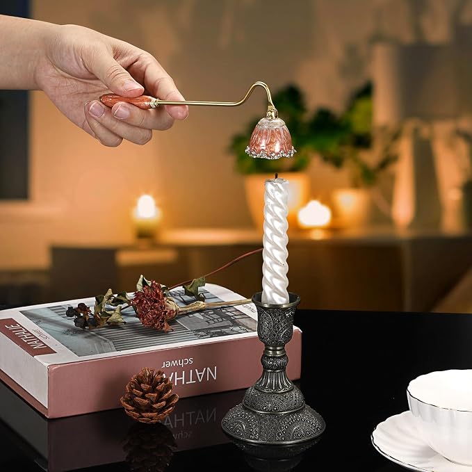 OwnMy Candle Snuffer Decorative Metal Candle Extinguisher with Long Handle, Vintage Candle Flame Snuffer and Wick Trimmer Tool, Elegant Candles Care Accessory Kit, Orange