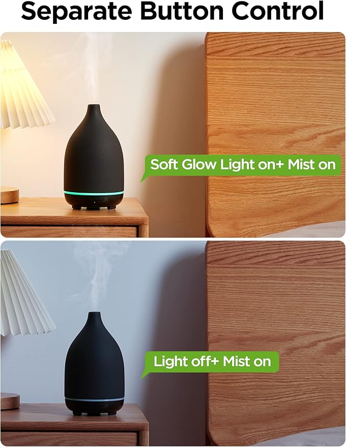 InnoGear Oil Diffuser, 150ML Ceramic Diffuser for Essential Oils Handcrafted Aromatherapy Diffuser Mother's Gift Ultrasonic Cool Mist Humidifier with 2 Mist Modes Waterless Auto Off for Home, Black
